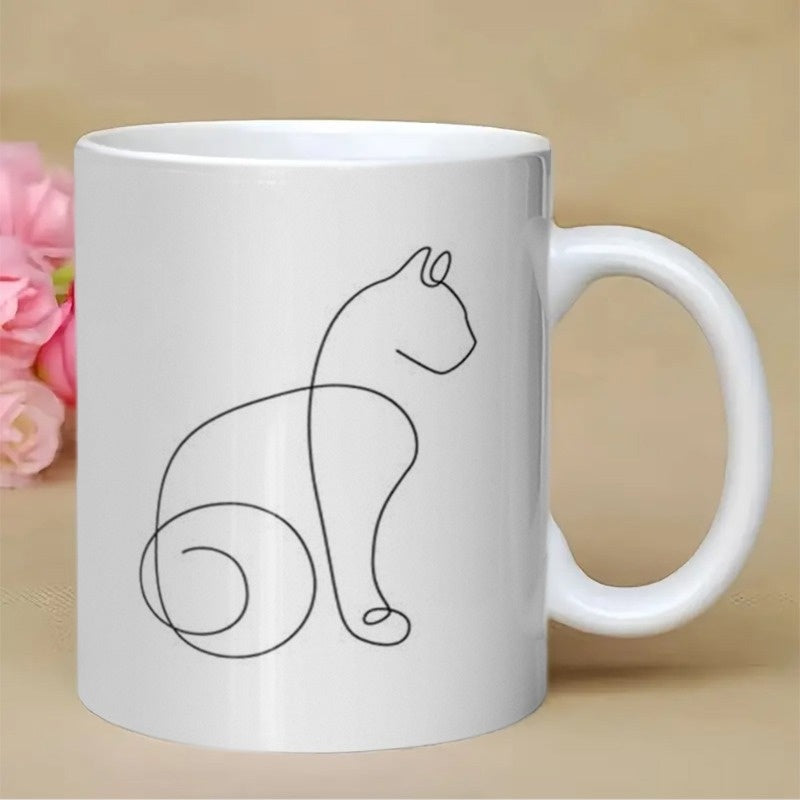 Tailorly White Ceramic 11 oz Mug - Minimalist Single Line Drawing Of A Sitting Pet Silhouette Elegant Cat
