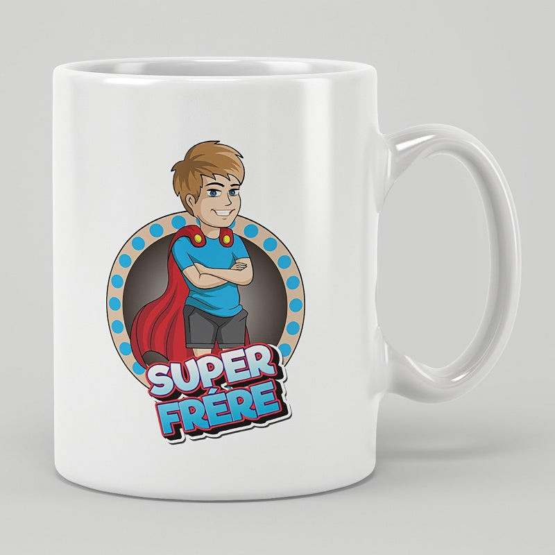 Tailorly White Ceramic 11 oz Mug - Super Friendly Cartoon Superhero Boy Standing With Crossed Arms Under Blue Circle Boy