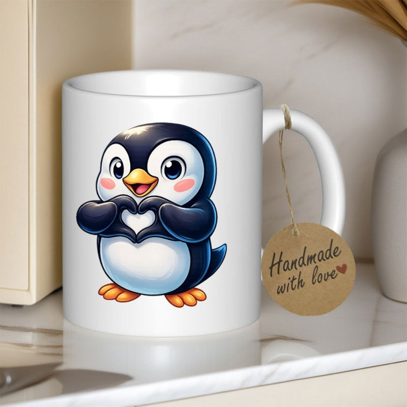 Tailorly White Ceramic 11 oz Mug - Handmade With Love Adorable Cartoon Animal Making Heart Gesture With Flippers Penguin