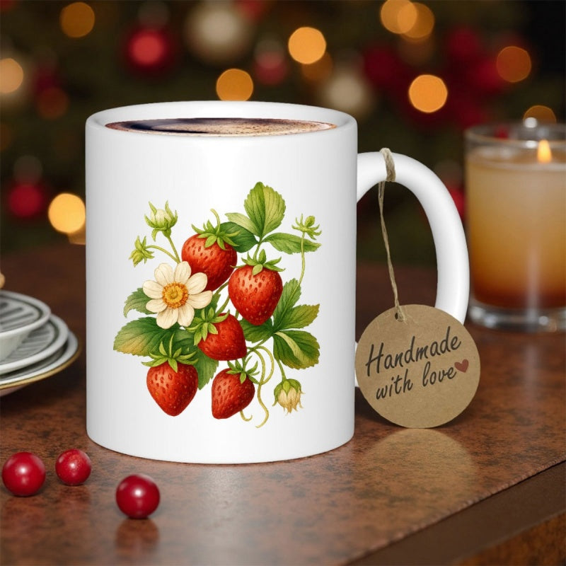Tailorly White Ceramic 11 oz Mug - Handmade With Love Vintage Botanical Garden Strawberries Growing Among Lush Green Leaves Strawberry