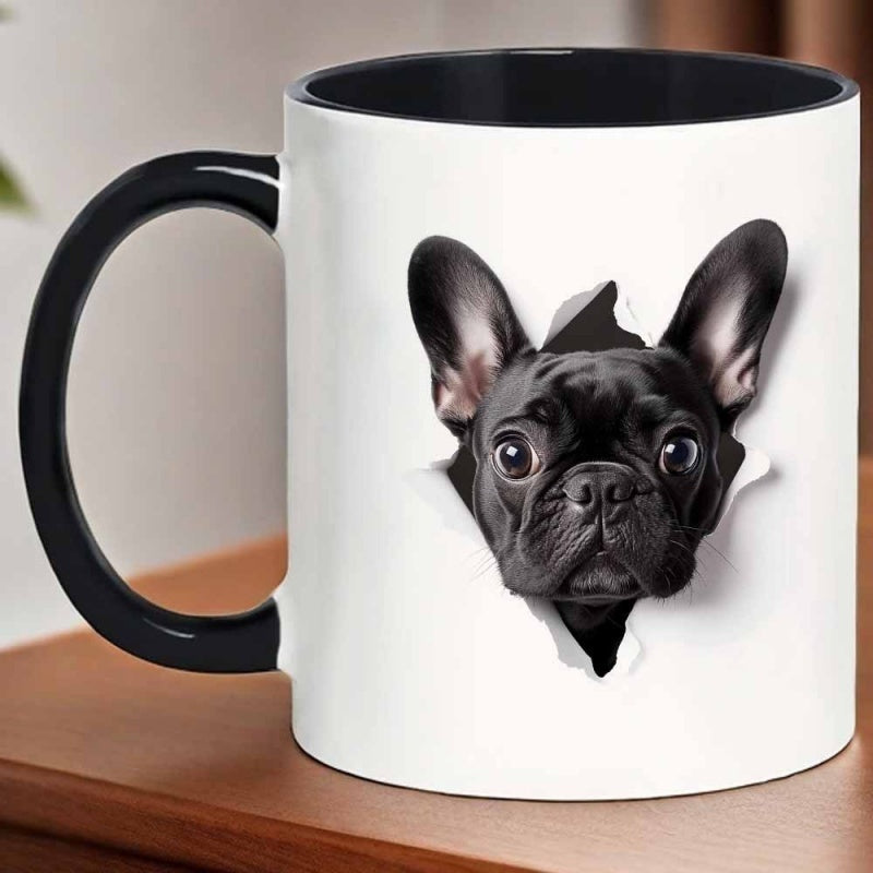 Tailorly Black Accent 11 oz Mug - single 11oz ceramic cup featuring a french white sticker suitable for hot and cold drinks holidays office and home