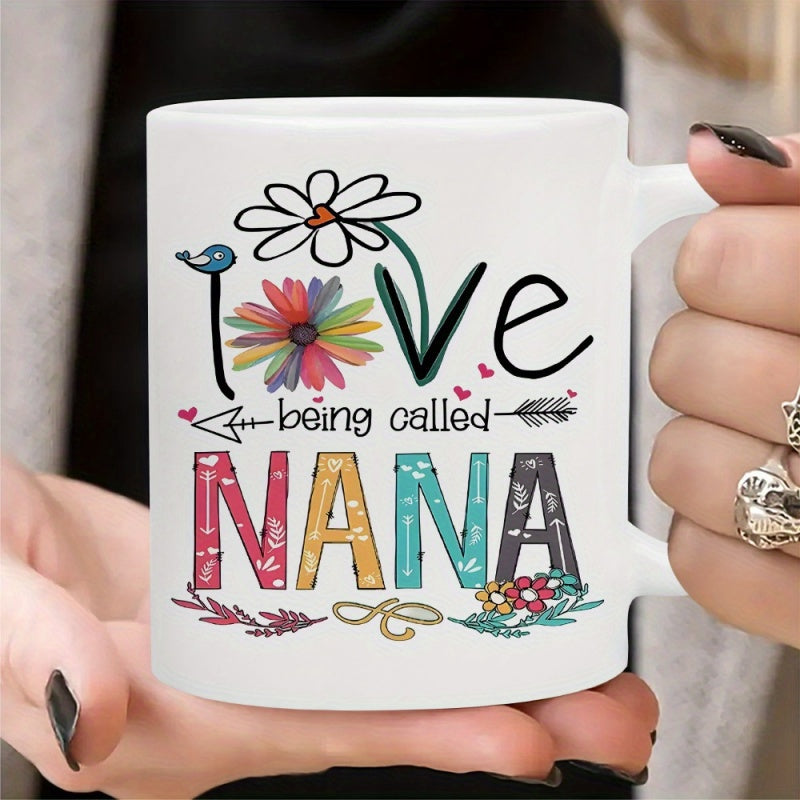 Tailorly White Ceramic 11 oz Mug - Love Being Called Nana Colorful Hand Drawn Blooming Daisies Among Rustic Arrows And Hearts Flower