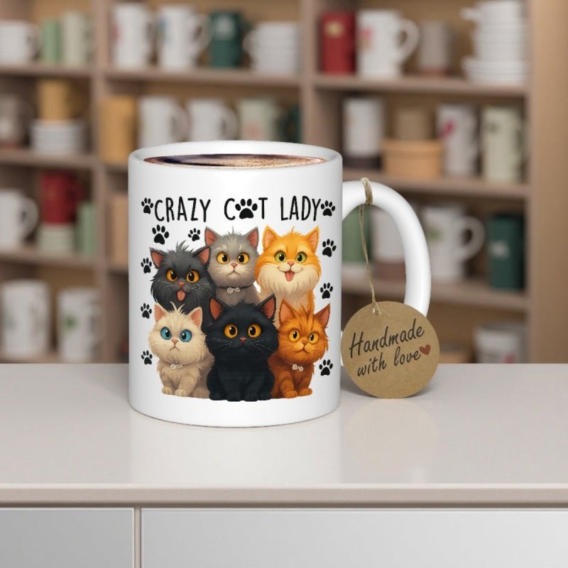 Tailorly White Ceramic 11 oz Mug - Crazy Cat Lady Adorable Cartoon Felines With Tiny Paw Prints And Playful Expressions Cat