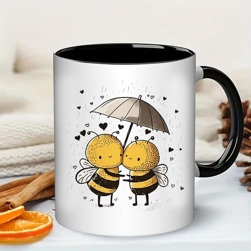 Tailorly Black Accent 11 oz Mug - cute bumble bee with yellow and black bees under umbrella with hearts