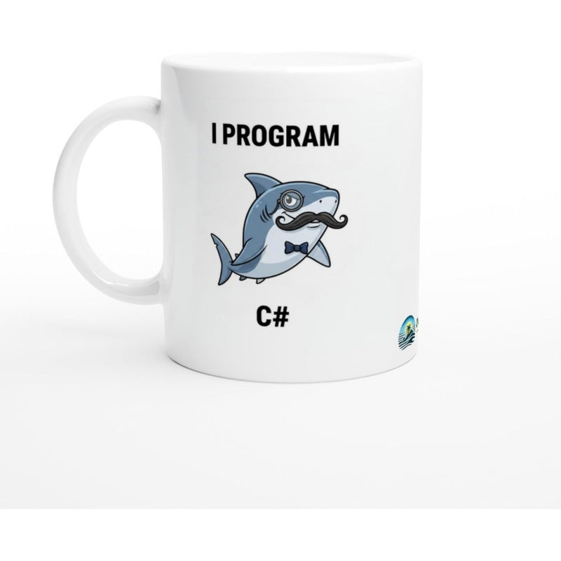 Tailorly White Ceramic 11 oz Mug - I Program C Sharp Sophisticated Cartoon Shark Wearing A Monocle Mustache And Blue Bowtie Shark