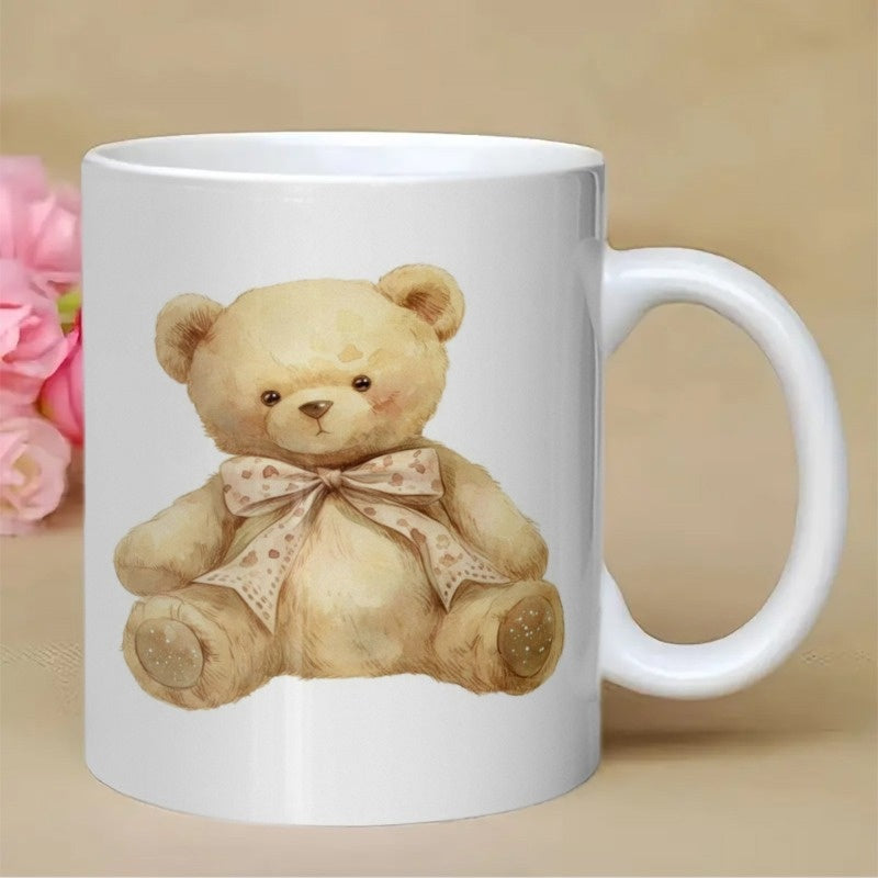 Tailorly White Ceramic 11 oz Mug - Soft Brown Watercolor Style Sitting With Patterned Bow Tie Decorative Furry Teddy Bear