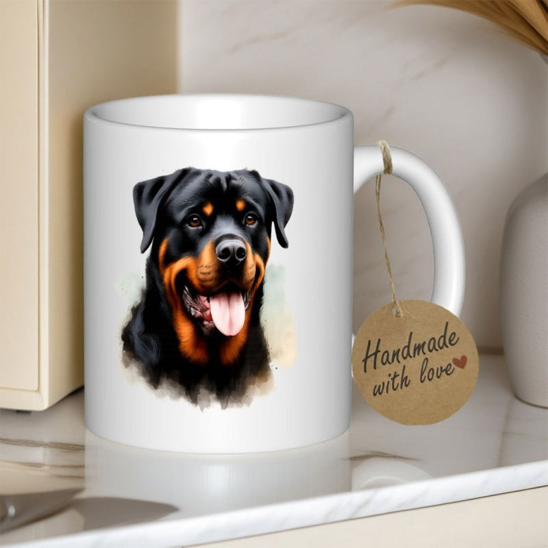 Tailorly White Ceramic 11 oz Mug - Handmade With Love Realistic Watercolor Portrait Featuring A Loyal Dog With Expressive Eyes Rottweiler