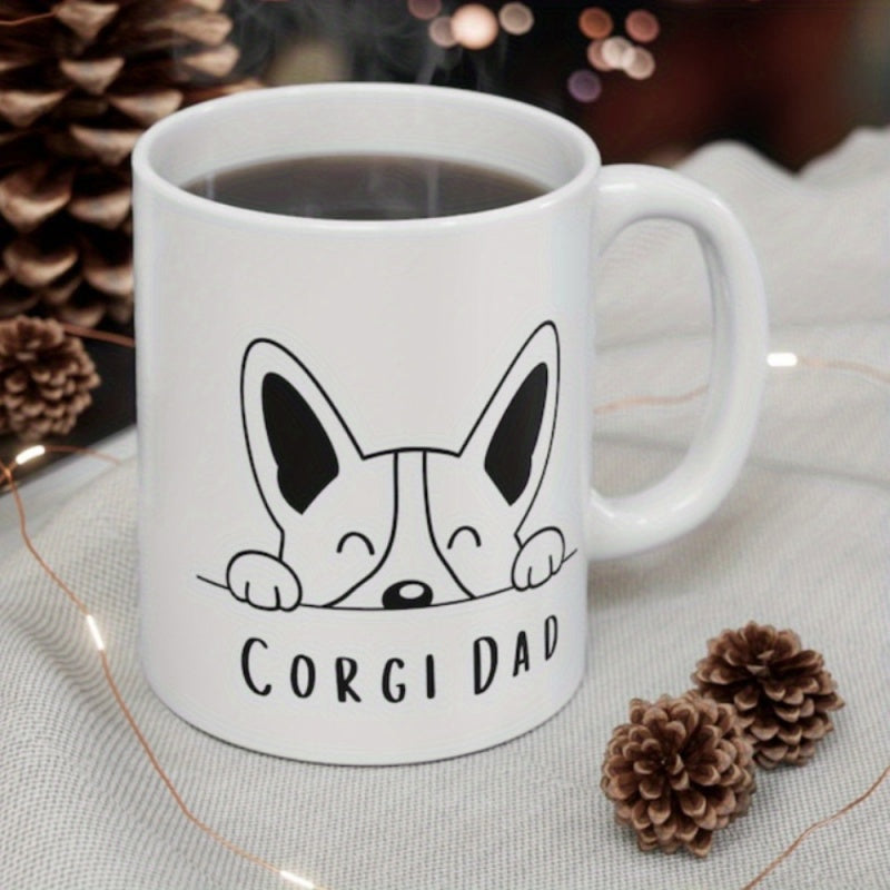 Tailorly White Ceramic 11 oz Mug - Corgi Dad Simple Minimalist Black Line Art Illustration Featuring A Peeking Smiling Welsh Corgi