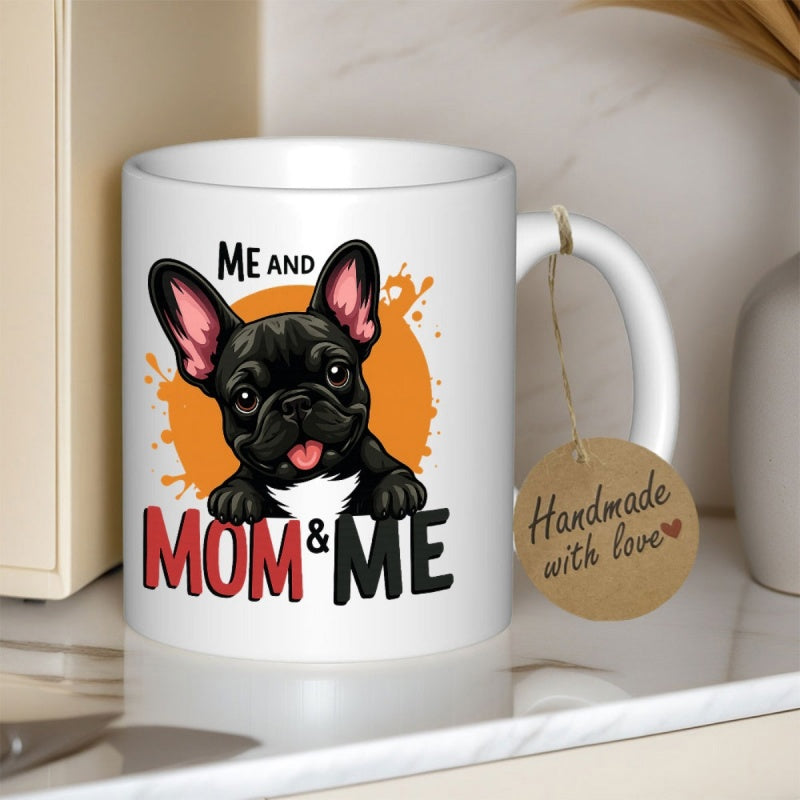 Tailorly White Ceramic 11 oz Mug - Me And Mom Me Cute Black French Bulldog Peeking Behind Vibrant Orange Paint Splash Dog