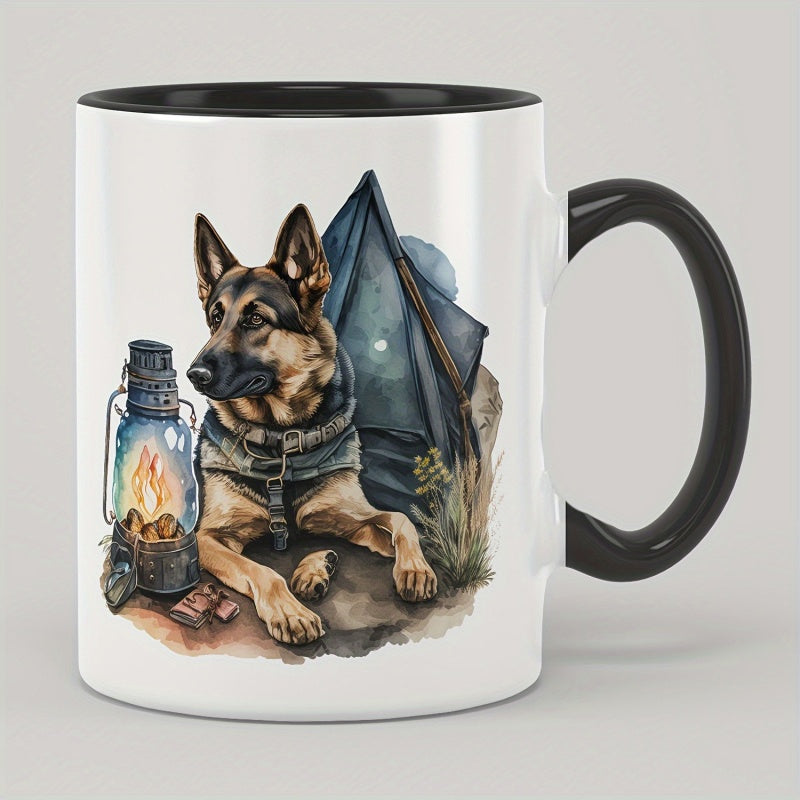 Tailorly Black Accent 11 oz Mug - german shepherd dog with campfire and tent illustration
