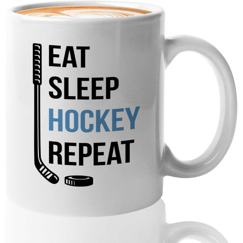 Tailorly White Ceramic 11 oz Mug - Eat Sleep Hockey Repeat Bold Black Sporty Silhouette Design Featuring Athletic Equipment Stick