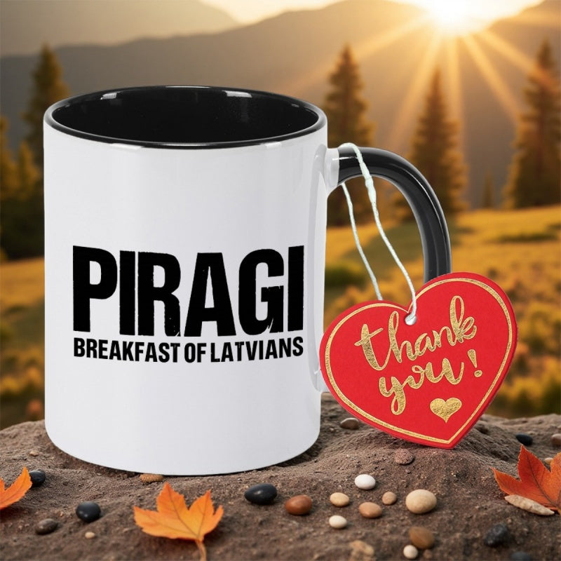 Tailorly Black Accent 11 oz Mug - piragi Latvian breakfast print with Latvie typography and traditional elements