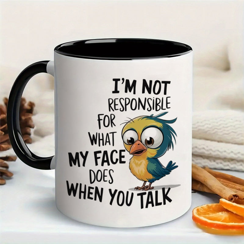 Tailorly Black Accent 11 oz Mug - cartoon bird and humorous quote