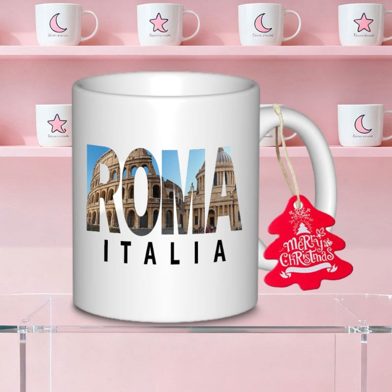 Tailorly White Ceramic 11 oz Mug - Roma Italia Ancient Roman Architecture Within Letters Showing Historical Landmark City Landscape Colosseum