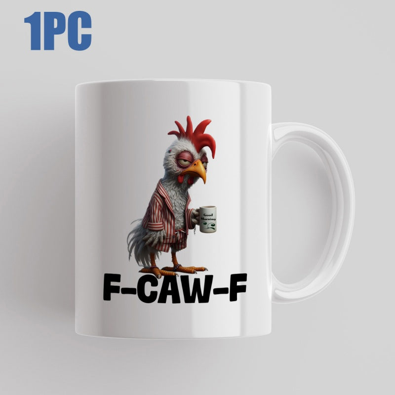 Tailorly White Ceramic 11 oz Mug - F Caw F Grumpy Disheveled Rooster Holding A Small Chicken