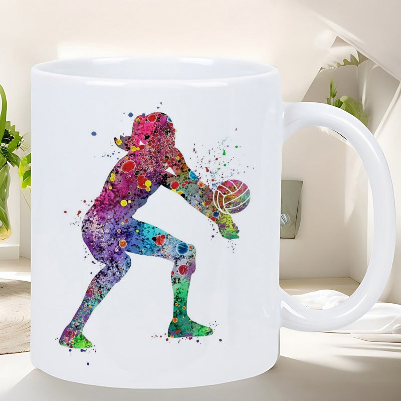 Tailorly White Ceramic 11 oz Mug - Vibrant Watercolor Splash Technique Featuring Athletic Female Passing Volleyball Player