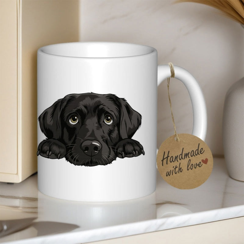 Tailorly White Ceramic 11 oz Mug - Handmade With Love Adorable Black Puppy With Sad Eyes And Resting Paws Dog