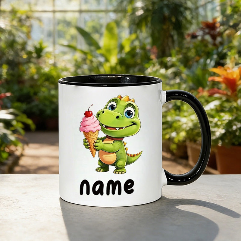 Tailorly Black Accent 11 oz Mug - a cute green cartoon dinosaur holding
