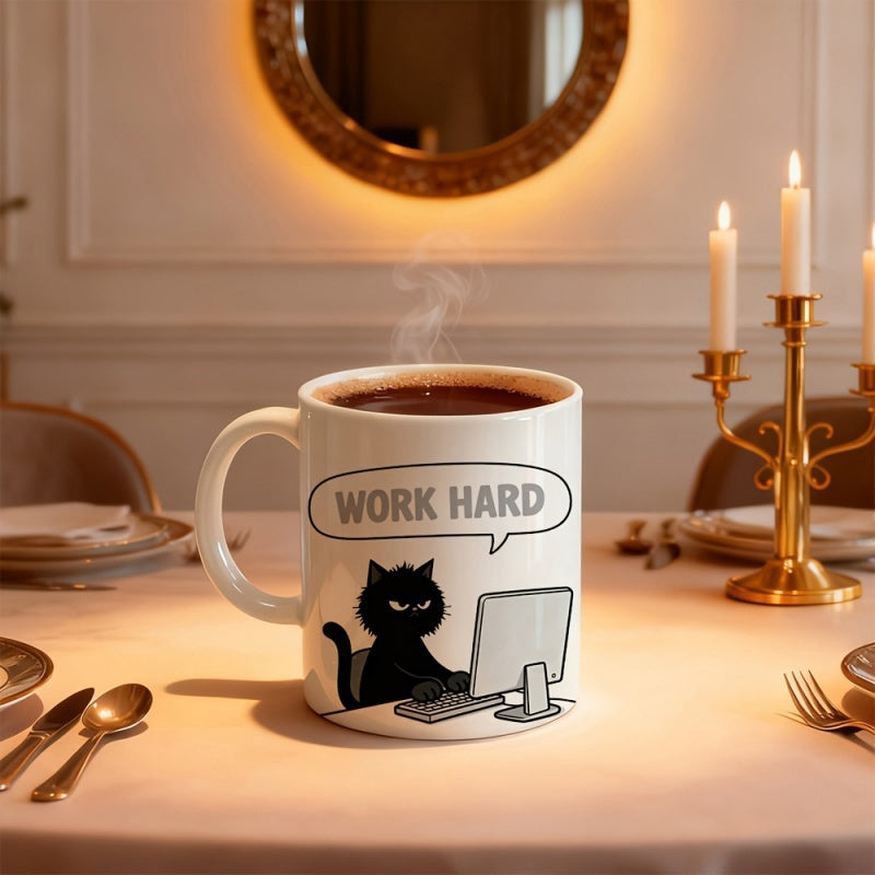 Tailorly White Ceramic 11 oz Mug - Work Hard Grumpy Black Kitten Typing Fast On Desktop Computer Inside Speech Bubble Cat