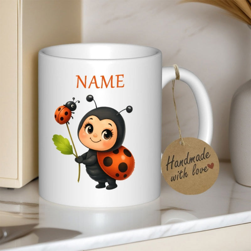 Tailorly White Ceramic 11 oz Mug - Name Smiling Cartoon Character In Spotted Costume Holding A Green Leaf Ladybug