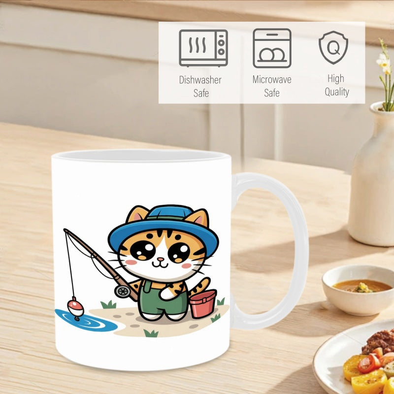 Tailorly White Ceramic 11 oz Mug - Adorable Cartoon Tabby Wearing Blue Hat Holding Fishing Rod Cat