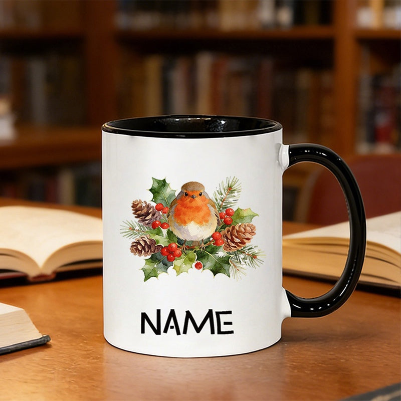 Tailorly Black Accent 11 oz Mug - personalized name text coffee mug christmas robin