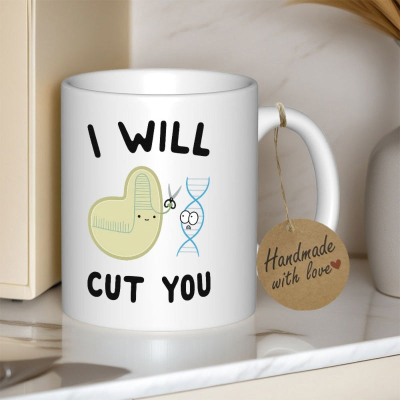 Tailorly White Ceramic 11 oz Mug - I Will Cut You Cartoon Protein Character Using Scissors Cutting Through Strands Of Blue DNA