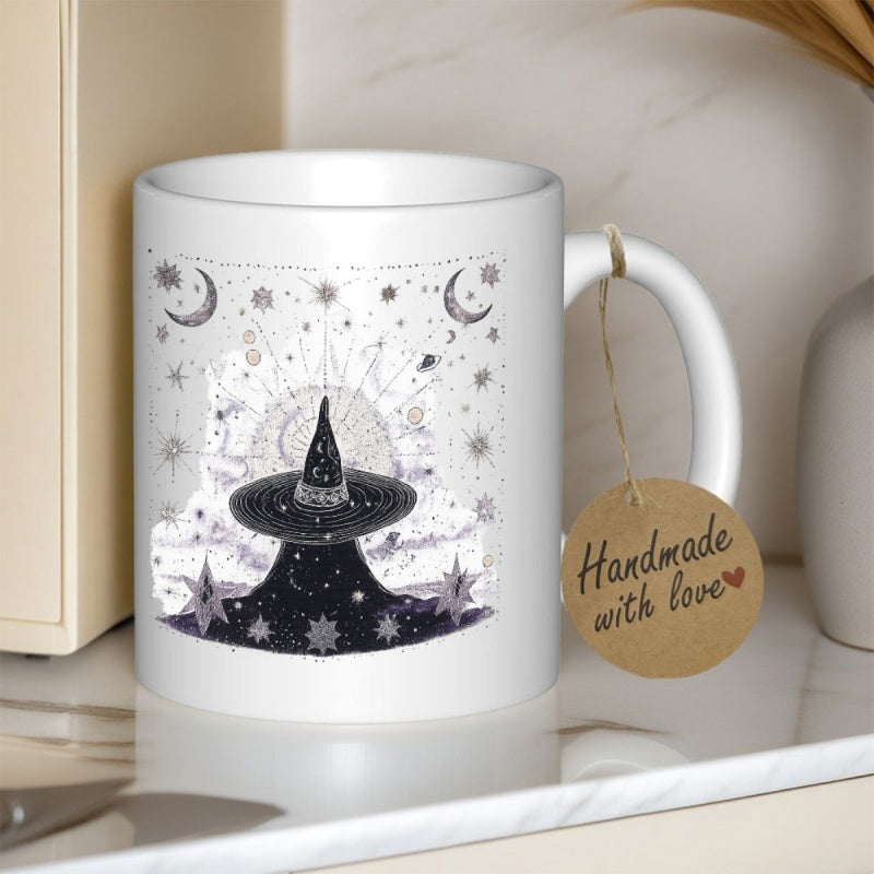 Tailorly White Ceramic 11 oz Mug - Handmade With Love Celestial Witchcraft Pattern Featuring Moon And Stars Under A Mystical Pointed Hat