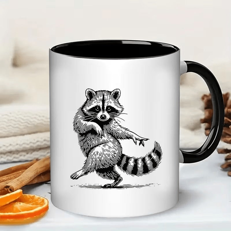 Tailorly Black Accent 11 oz Mug - a raccoon dancing with its tail wagging and out with a hand