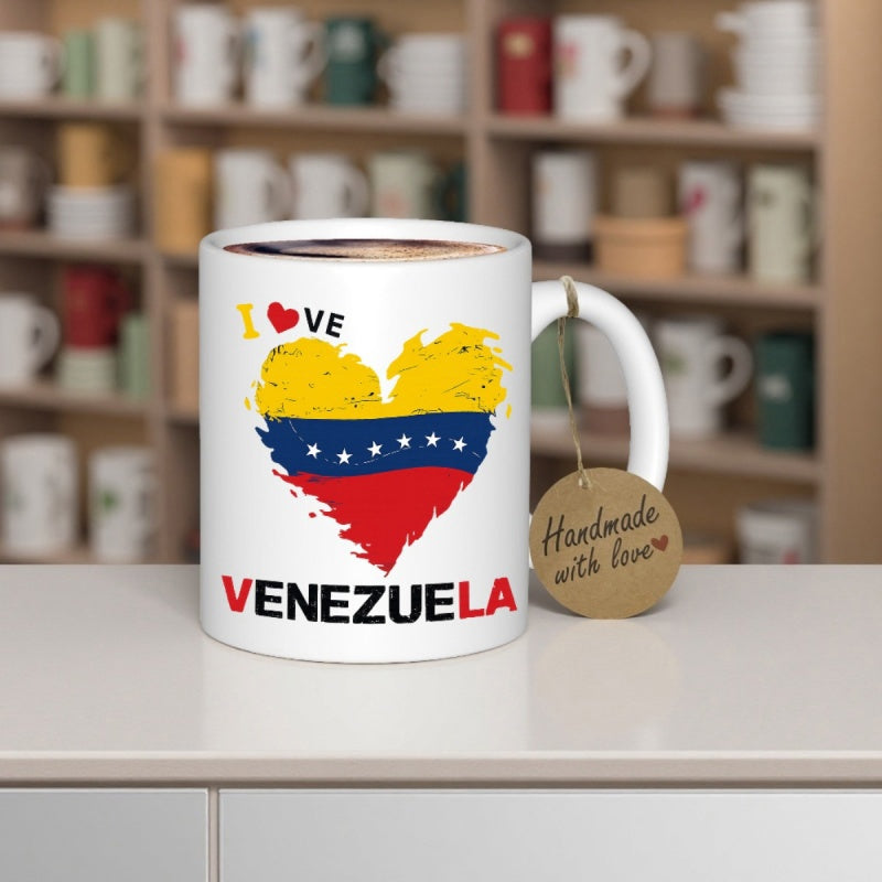 Tailorly White Ceramic 11 oz Mug - I Love Venezuela Heart Shaped Flag Featuring Distressed Yellow Blue Red Colors And Stars Mug