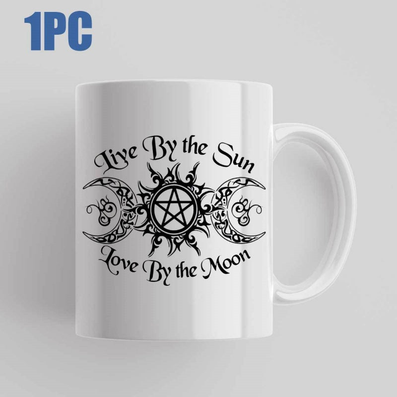 Tailorly White Ceramic 11 oz Mug - Live By The Sun Love By The Moon Intricate Black Gothic Sun And Ornate Filigree Crescent Moons Symbol