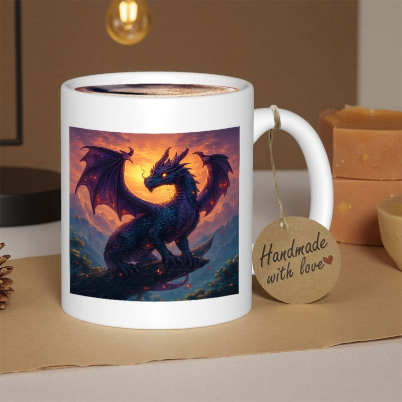 Tailorly White Ceramic 11 oz Mug - Powerful Dark Mythical Beast Resting On Rocky Cliffs Against Twilight Horizon Dragon