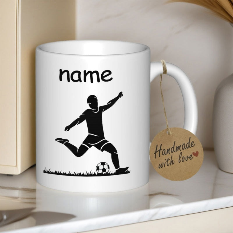 Tailorly White Ceramic 11 oz Mug - Name Dynamic Silhouette Kicking Ball On Grassy Field Action Soccer Player