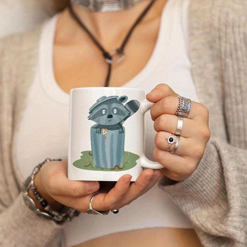 Tailorly White Ceramic 11 oz Mug - Adorable Cartoon Animal Peeking From Inside A Gray Metal Trash Can Raccoon