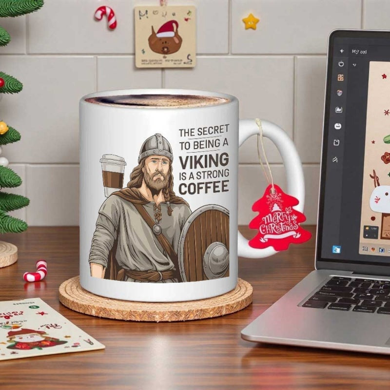 Tailorly White Ceramic 11 oz Mug - The Secret To Being A Viking Is A Strong Coffee Brave Warrior Wearing Helmet Holding Shield Beside Bold Lettering Text Viking