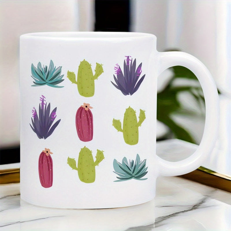 Tailorly White Ceramic 11 oz Mug - Various Hand Drawn Vibrant Desert Plants Arranged On A White Surface Succulent