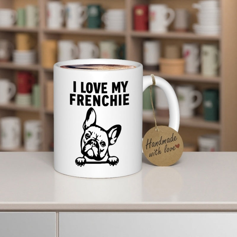 Tailorly White Ceramic 11 oz Mug - I Love My Frenchie Minimalist Black Ink Drawing Of A Peeking Dog With Pointed Ears Frenchie
