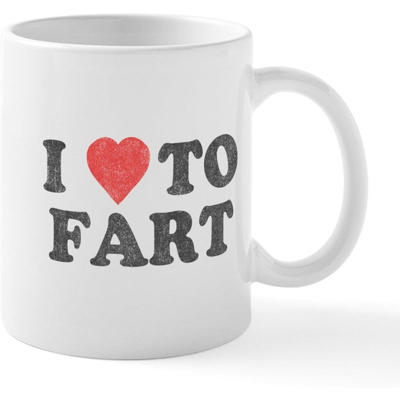 Tailorly White Ceramic 11 oz Mug - I Love To Fart Red Textured Heart Shape Set Among Bold Distressed Vintage Style Typography Mug