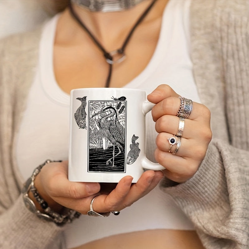 Tailorly White Ceramic 11 oz Mug - Intricate Black And White Linocut Style Illustration Of A Majestic Coastal Heron