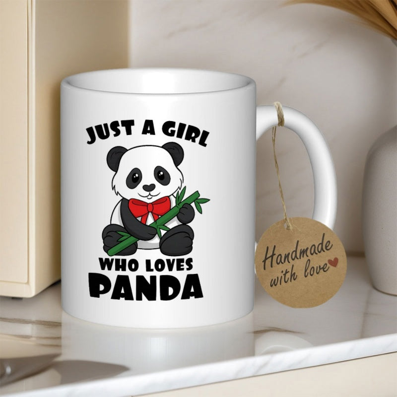 Tailorly White Ceramic 11 oz Mug - Just A Girl Who Loves Panda Cute Cartoon Animal Wearing Red Bowtie Holding Green Bamboo Branch Panda