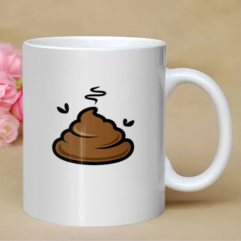 Tailorly White Ceramic 11 oz Mug - Cartoonish Brown Swirl Design With Steam And Flying Insects Poop