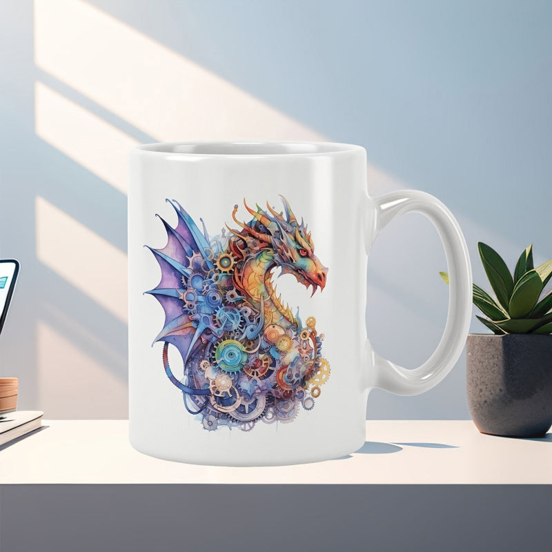 Tailorly White Ceramic 11 oz Mug - Mechanical Steampunk Winged Creature Featuring Vibrant Gears And Metallic Art Style Dragon