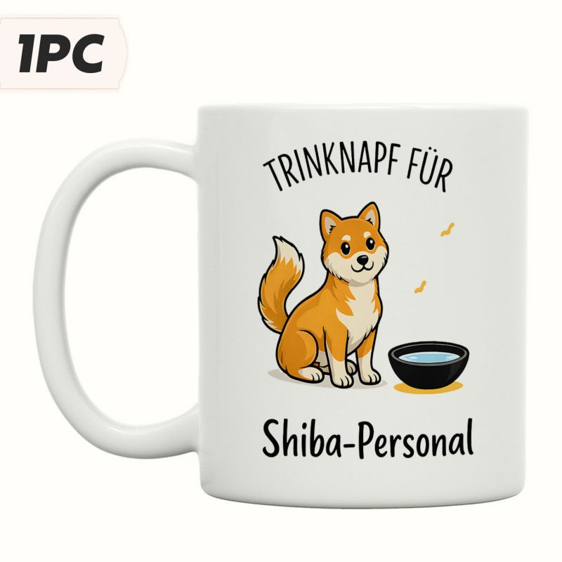 Tailorly White Ceramic 11 oz Mug - Shiba Personal Happy Cartoon Animal Sitting Near Black Drinking Bowl On White Ground Dog