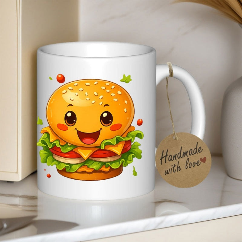 Tailorly White Ceramic 11 oz Mug - Handmade With Love Cute Smiling Cartoon Hamburger With Fresh Lettuce And Melting Cheese Burger