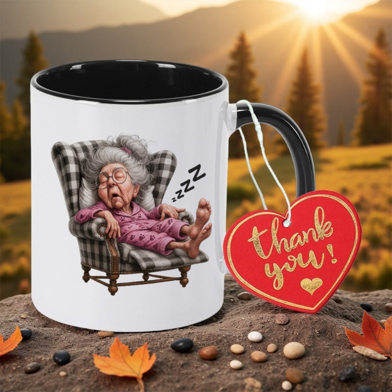 Tailorly Black Accent 11 oz Mug - sleeping grandma