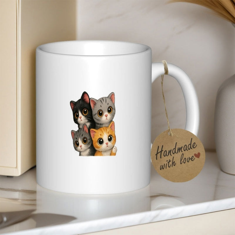Tailorly White Ceramic 11 oz Mug - Handmade With Love Four Adorable Fluffy Kittens With Big Expressive Eyes Sitting Together Cats