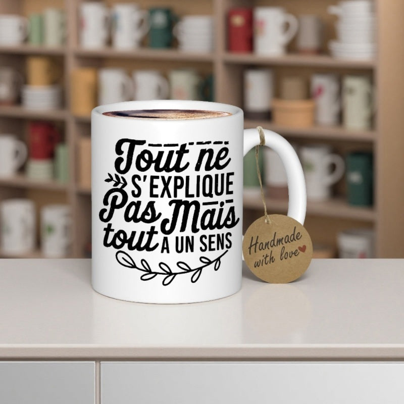 Tailorly White Ceramic 11 oz Mug - Handmade With Love Minimalist White Ceramic Vessel Featuring Elegant Black Script Mug
