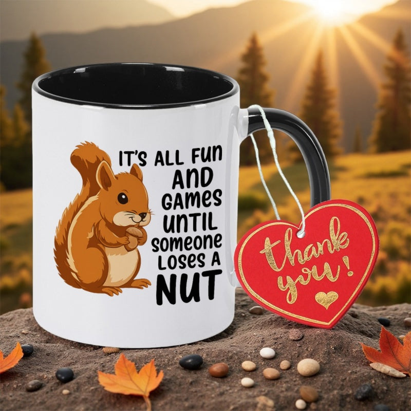 Tailorly Black Accent 11 oz Mug - funny squirrel with nut illustration