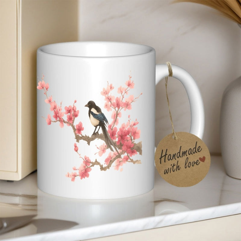Tailorly White Ceramic 11 oz Mug - Elegant Magpie Perched On Delicate Pink Cherry Blossom Tree Branch Bird