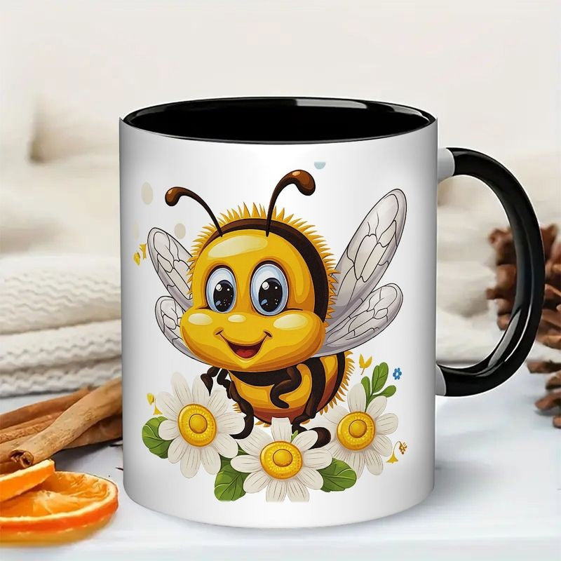 Tailorly Black Accent 11 oz Mug - cute cartoon bee on white daisies